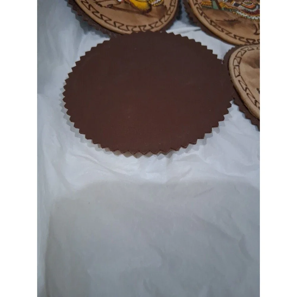 Vintage Andean Leather Coaster Set Of 4 Handpainted Designs Colorful 3.5 